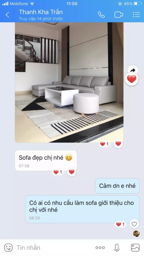 feedback của khách hàng về mẫu sofa đặt đóng - chị Kha