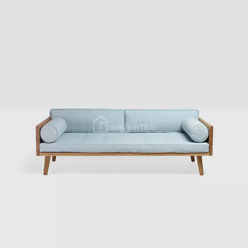 Mẫu ghế sofa gỗ mini đẹp chân cao với gam màu xanh kết hợp màu gỗ sồi tươi tắn