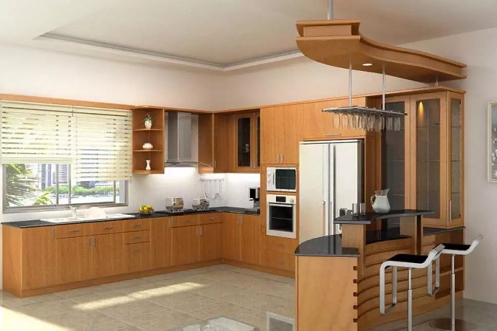 Mẫu tủ bếp kết hợp quầy bar dạng chữ U